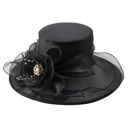 DRESHOW Women Organza Hat Church Cap Hats Clearance Kentucky Derby Cocktail Tea Party Wedding Flower Hat with Wide Brim - color: Flower Hat: Black