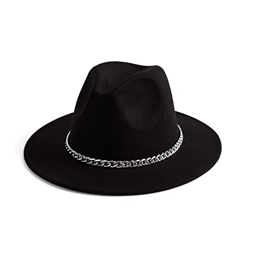 Women Men Wide Brim Fedoran Hat with Chain Belt Buckle - color: Dark Night