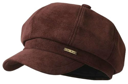 Womens 8 Panel Suede Newsboy-Cap Fall Winter Cabbie Beret Cap Retro British Gatsby Ivy Painter Visor Hat - color: Wine-red