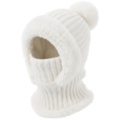 AQOKKA 3 in 1 Knit Fleece Lined Beanie Hat with Scarf and Mask Warm - color: White