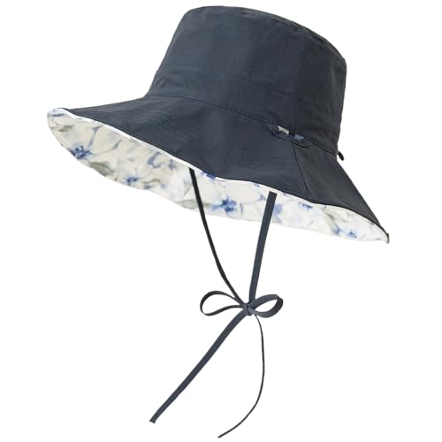 Reversible Floral Pattern Bucket Sun Hats for Women- UPF50+ UV Protection, Foldable Brim, Floppy Beach Hat for Hiking - color: Navy
