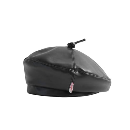 Women Classic PU Leather French Beret Beanie Hat Pumpkin Cap - color: Black(3-8years Kids Cap)
