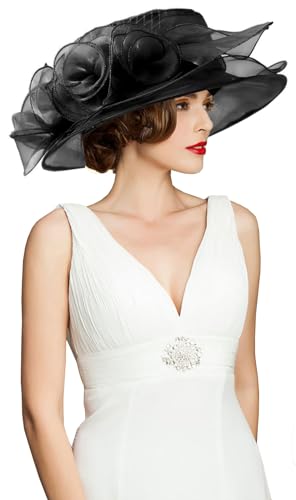 Women's Kentucky Derby Church Dress Hat Wide Brim Leaf Flower Bridal Shower Hat - color: A9 Black