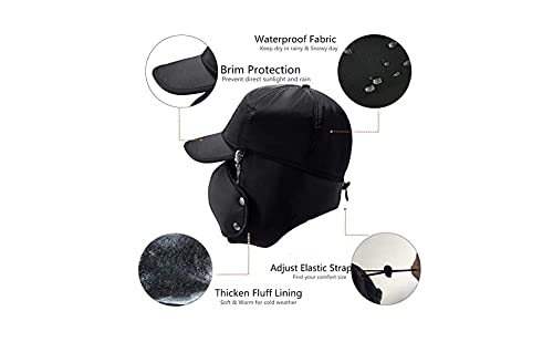 Mens Winter Thermal Trapper Hat Russian Ushanka Ski Hunting Dad Cap Ear Flaps Motorcycle Cycling Mask Women Warm Fur Snow Hat - color: 3-in-1 Black, Solid