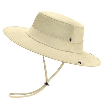 Cooling Sun Bucket Hat, UPF 50+ Wide Brim Boonie Hat with Ponytail Hole - color: 01 Kahki