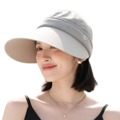 Women Sun Hats Detachable Wide Brim Sun Protection UPF 50+ Packable 2 in 1 Summer Beach Visor Cap - color: Khaki
