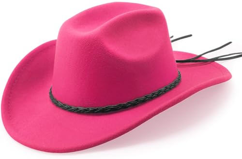 DRESHOW Western Cowboy Hat for Men Women Cowboy Cowgirl Hat Outdoor Wide Brim Retro Felt Fedora Hats Unisex Rolled up Caps - color: 1 Pack Style 9: Hot Pink With Braided Band