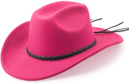 DRESHOW Western Cowboy Hat for Men Women Cowboy Cowgirl Hat Outdoor Wide Brim Retro Felt Fedora Hats Unisex Rolled up Caps - color: 1 Pack Style 9: Hot Pink With Braided Band