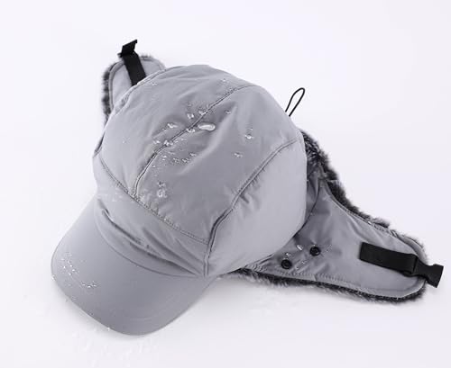 Home Prefer Waterproof Mens Faux Fur Trooper Trapper Hat Hunting Warm Winter Hat with Ear Flaps Visor Face Mask - color: Grey