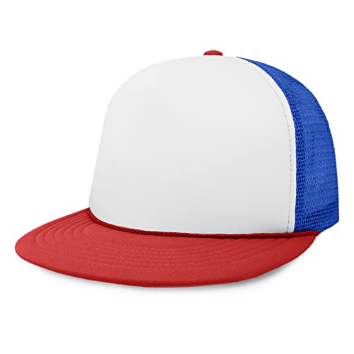 DALIX Flat Billed Trucker Hat Mesh Back S M L Adjustable Cap Solid Two Toned Snapback - color: Red-white-royal, size: One Size