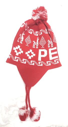 Peruvian Winter Knit Hat, Red and White, Traditional Llama Pattern, Pom Pom Earflap Design, Unisex
