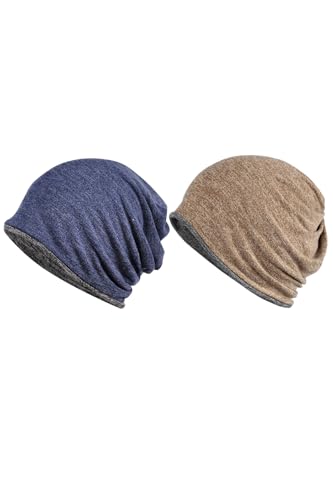 Jeelow Cotton Slouchy Open Top Beanie Hat 2 Pack - color: Navy Grey + Khaki Grey