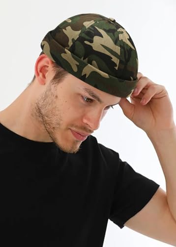 2 Pcs Mens Brimless Docker Cap Set - Retro Worker Sailor Skull Cap Beanie with Rolled Cuff - color: Camouflage