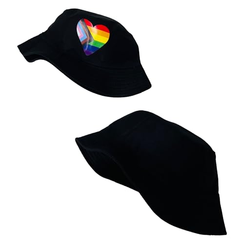 Pride Unisex Bucket Hat Reversible Double-Side-Wear Packable for Travel, Outdoors, and Beach - color: Black Progress Pride Heart