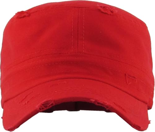 Vintage Distressed Cadet Army Cap Basic Everyday Military Style Hat - color: Red Vintage Distressed