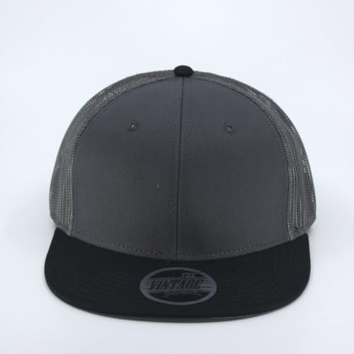Plain Cotton Twill Flat Brim Mesh Adjustable Snapback Trucker Baseball Cap - color: Black/Charcoal/Charcoal