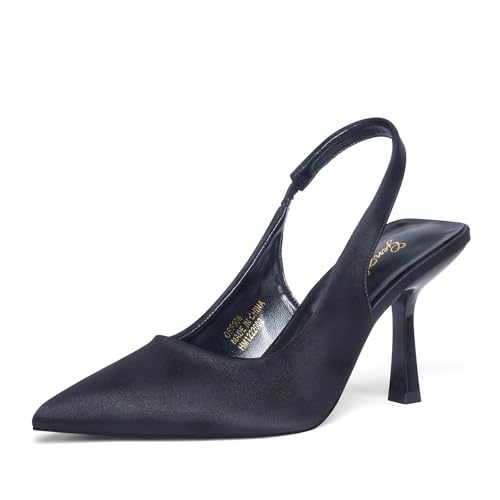 GENSHUO Women's Slingback Kitten Heel Pointed Closed Toe Stiletto Pumps Slip on Elastic Strap Wedding Party Dress Sandals Shoes - color: Black Satin, size: 7.5