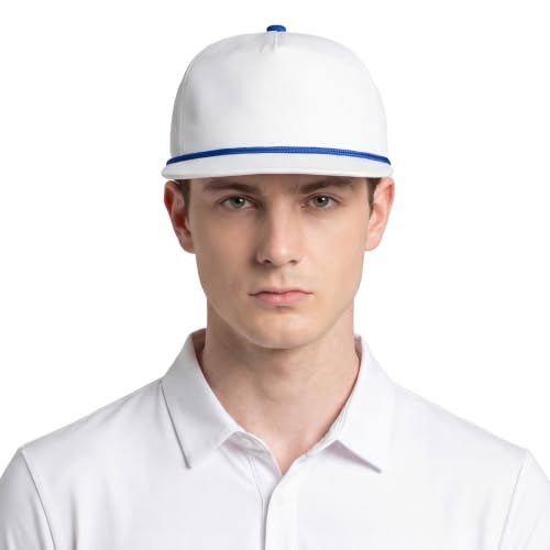 TOPTIE 5-Panel Rope Snapback Baseball Cap, Adjustable Flat Brim Hat, Quick Dry Soft Top Cap for Men Women Outdoor - color: White/Royal Blue