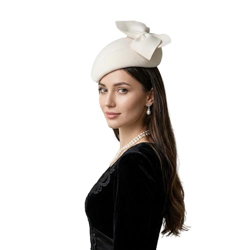 Women Wool Derby Hat for Women Pillbox Hat Wedding Hats Felt Bowknot Fascinators - color: 407 White