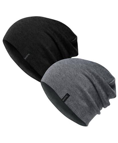 Wool Blend Thin Beanie for All Season, 2 Pack Lightweight Slouchy Knit Beanie Hats Sleep Cap - color: Black/Graphite