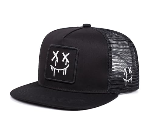 Trucker Hat for Men Women-Mesh Back Breathable Adjustable Snapback Cap-UV Protection Sun Hat for Summer Outdoor Activities - color: Bleeding Smiley Black