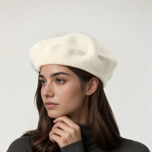 French Beret Hats for Women - Classic Wool Beret Hats Soft Knit Winter Cloche for Daily Outfits - color: White