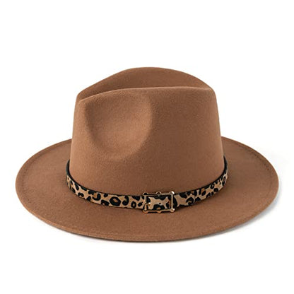 Women's Wide Brim Felt Fedora Panama Hat with Leopard - color: Khaki