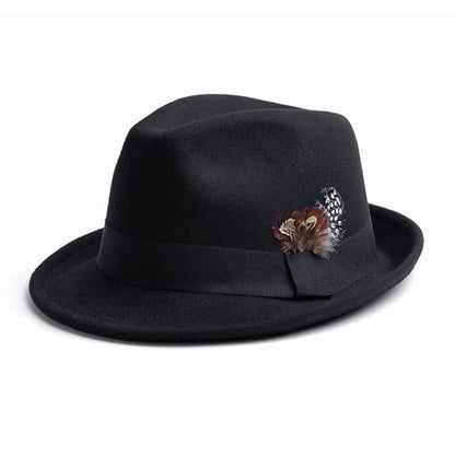 Short Brim Fedora Hat for Men Women Felt Trilby with Feather - color: Black