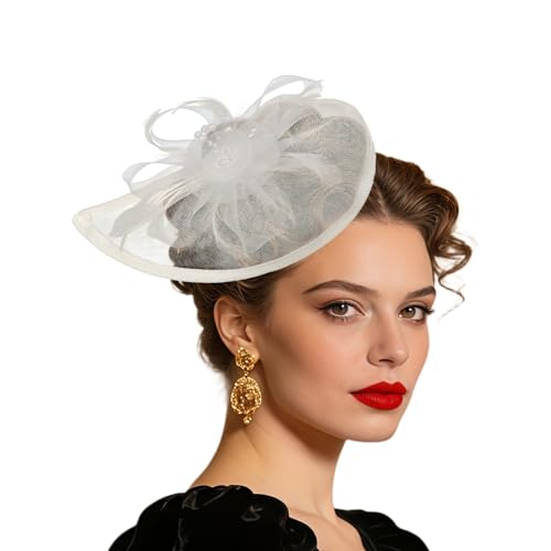Women Vintage Fascinator Hat Flower Feather Mesh Headband Clip Pillbox Headwear for Wedding Tea Party - color: 02 White