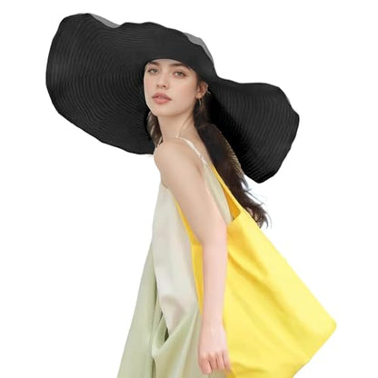 Women's Super Wide Brim Sun Hat - Extra Large Floppy Beach Bucket Hat, Foldable Summer Sun Protection Outdoor Travel Cap - color: Black