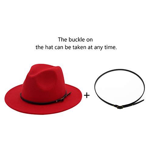 DRESHOW Women Classic Felt Fedora Wide Brim Floppy with Belt Buckle Panama Hat - color: 1 Pack: Felt Fedora Red