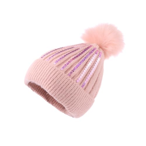 Women Girls Winter Sequin Beanie Hat with Faux Fur Pom Pom Knit Skull Cap - color: Glitter-pink