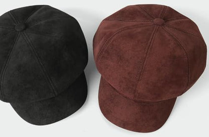 Womens 8 Panel Suede Newsboy-Cap Fall Winter Cabbie Beret Cap Retro British Gatsby Ivy Painter Visor Hat - color: Wine-red