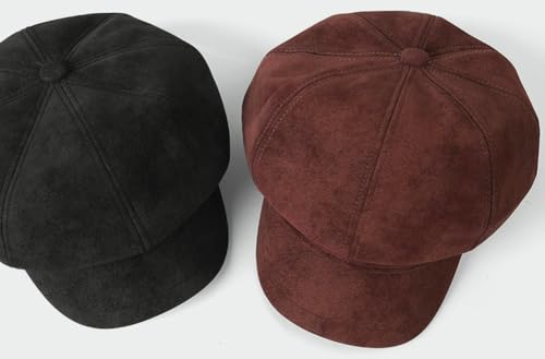 Womens 8 Panel Suede Newsboy-Cap Fall Winter Cabbie Beret Cap Retro British Gatsby Ivy Painter Visor Hat - color: Brown