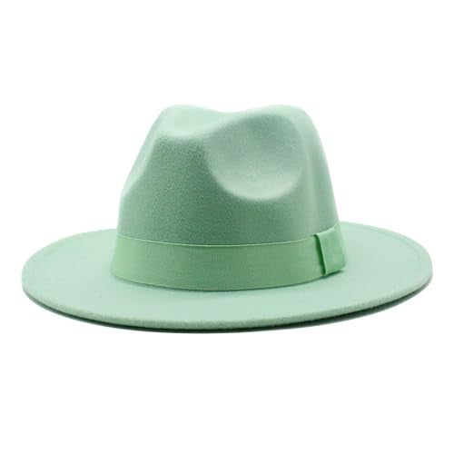 Men's Women's Wide Brim Fedora Hats with Ribbon Panama Felt Cap, British Style Vintage Flat Brimmed Jazz Hat - color: Mint Green
