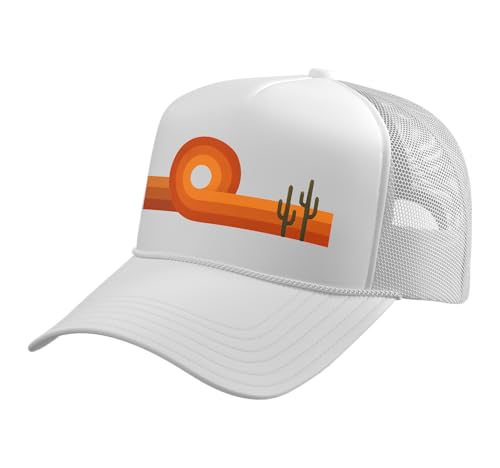 Retro Desert Sunset, Vintage Southwest Cactus Landscape Trucker Hat with Adjustable Mesh Back - color: White