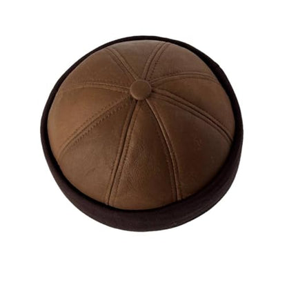 Lukkizara Winter Sheepskin Leather Fur Knit Beanie Cuff Round Bucket Winter Ski Docker Hat - color: Taupe Brown