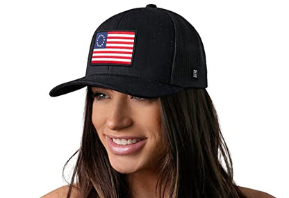 HAKA American Flag Hat | USA Mesh Trucker Snapback Comfort Baseball Cap - color: Black, style: Betsy Ross Flag