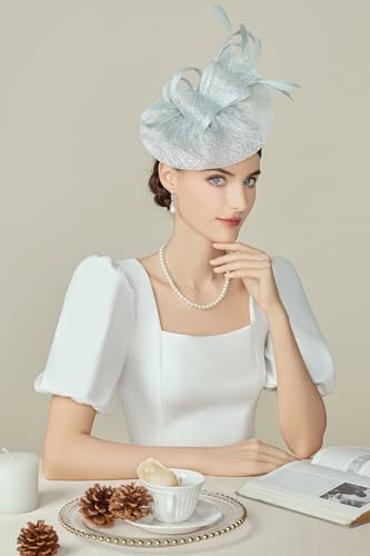 BABEYOND Fascinators Hats for Women Tea Party Glitter Pillbox Hat Derby Hat - color: Light Blue