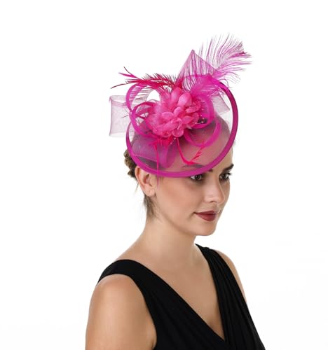 Women's Organza Church Vintage Wedding Fascinator Tea Party Wedding Hat Summer - color: Hj11-fuchsia
