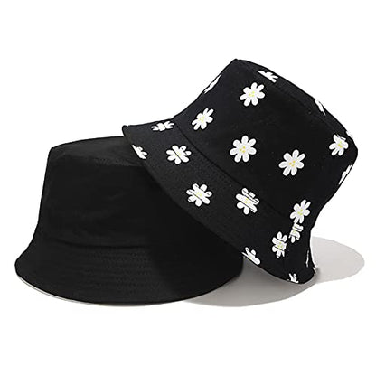 XYIYI Cute Bucket Hat Beach Fisherman Hats for Women, Reversible Double-Side-Wear - color: Flower Black