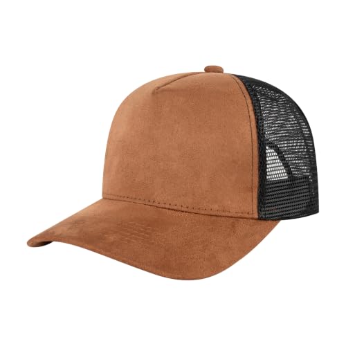 TOPTIE 5 Panel Suede Front Mesh Back Baseball Hat Adjustable Snapback Cap - color: Khaki
