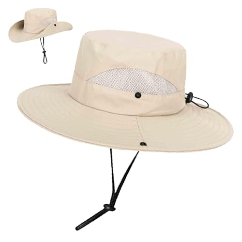 Kids Wide Brim UV Sun Hat 7-14Y Chin Strap, Rear Drawstring for Girls Boys - color: Beige