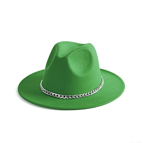 Women Men Wide Brim Fedoran Hat with Chain Belt Buckle - color: Green