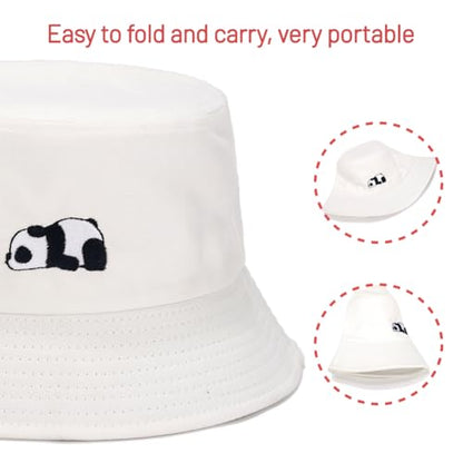 Cotton Bucket Hat for Women Men Summer Travel Sun Beach Bucket Cap, Unisex Outdoor Fisherman Hat - color: Panda White