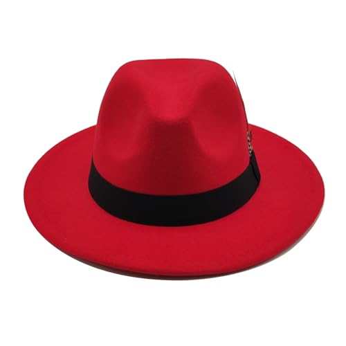 Mens Fedora Hats Classic Wide Brim Fedora Hat for Women Men Dress Hats Panama Hat with Band - color: Red