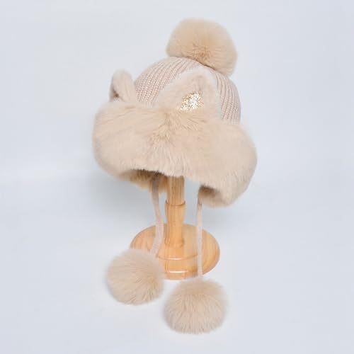 Outdoor Warm Earflap Beanie Hat with Brim Baseball Slouchy Knitted Visor Skull Caps for Women Men Black - color: Beige
