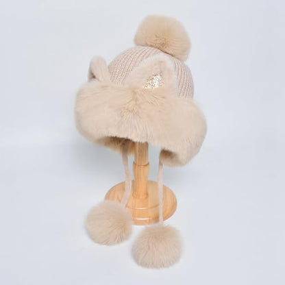 Outdoor Warm Earflap Beanie Hat with Brim Baseball Slouchy Knitted Visor Skull Caps for Women Men Black - color: Beige