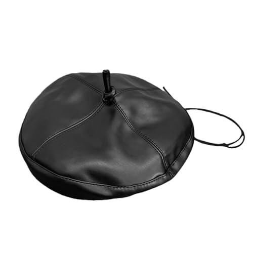 Women Classic PU Leather French Beret Beanie Hat Pumpkin Cap - color: Black C#