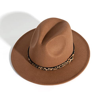 Women's Wide Brim Felt Fedora Panama Hat with Leopard - color: Khaki